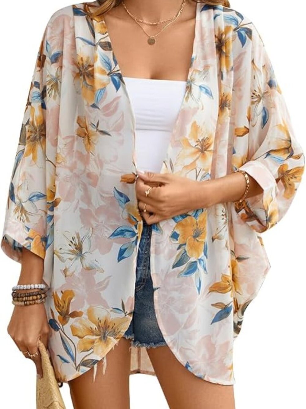 Women's Floral Print Sheer Chiffon 3/4 Cuffed Bat Sleeve Kimono Size XXL NEW